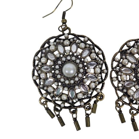 Gold Tone Faux Pearl Rhinestone Statement Tassel Circle Drop Dangle Earrings - Picture 2 of 7